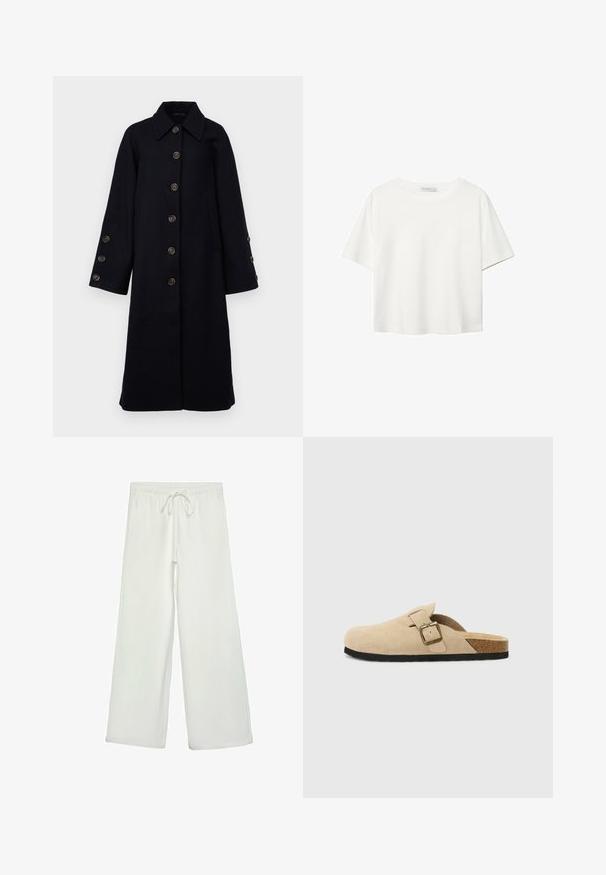 Marineblaue Wolljacke mit großem Kragen, acht braunen Knöpfen vorne, zwei seitlichen Taschen und weiten Ärmeln mit Knopfdetails.; Weißes T-Shirt mit kurzen Ärmeln aus Baumwolle. Hat einen Rundhalsausschnitt und eine lockere Passform. Glatte Textur ohne sichtbare Muster oder Akzente.; Weiße, weit geschnittene Hose aus weichem Stoff. Mit einem elastischen Bund und einem Kordelzug sowie einer glatten Oberfläche. Keine sichtbaren Muster oder Hardware.; Beige Wildleder-Slipper mit einem Korkfußbett, runder Zehenpartie und einem einfachen Riemen mit einer goldfarbigen Schnalle. Gummi-Sohle für besseren Halt.