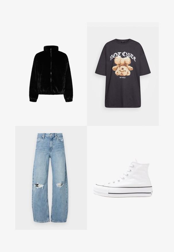 Zwarte nepbont zip-up jas met hoge kraag en elastische manchetten, met een cropped ontwerp en een zachte, gestructureerde oppervlakte.; Zwart oversized t-shirt met een afbeelding van een beer en de tekst "NIET SCHATTIG, MAAR WILD" in grote, witte letters. Gemaakt van katoen.; Lichtblauwe, hooggeritste jeans van denim. Beschikken over wijde pijpen, twee gescheurde knievalken en klassieke vijfzakken styling.; Witte high-top canvas sneakers met een zwarte rubberen zool, een rubberen neuskap aan de voorkant en zes gaatjes voor veters, met een schone, minimalistische uitstraling.