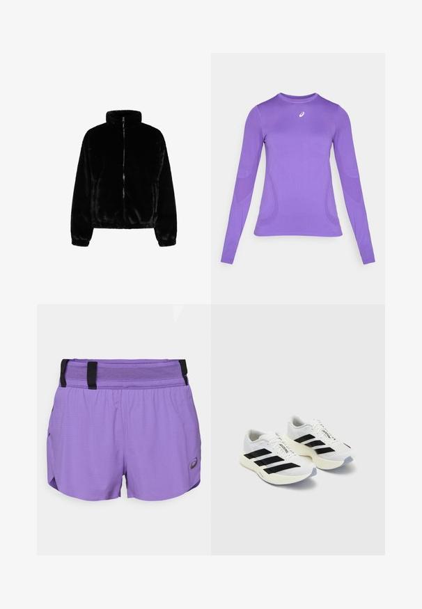 Mustat tekoturkki vetoketjullinen takki korkealla kauluksella ja joustavilla hihansuilla, jossa on lyhyt muotoilu ja pehmeä, teksturoitu pinta.; Pitkähihainen urheilu paita vaalean violetista kankaasta, jossa on tiukka malli, pyöreä kaula-aukko ja hienovarainen tekstuuri, sekä logo-yksityiskohta rinnassa.; ASICS METARUN SPLIT SHORT - Urheilushortsit - edo purple; Valkoiset urheilukengät mustilla raidoilla ja brändäyksellä, joissa on verkkomateriaali, pyöreä kärki ja paksu kermanvärinen pohja pehmusteena.