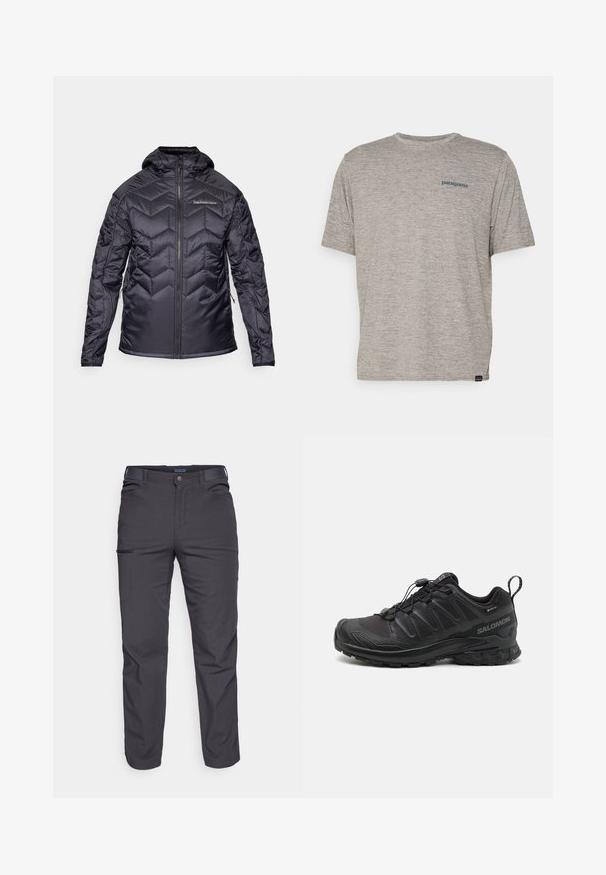 Črna izolirana jakna z vzorcem v obliki chevrona, z zadrgo na sprednji strani in kapuco. Ima elastične zapestnike in stranske žepe. Gladek, sijoč videz.; Siva majica s kratkimi rokavi iz mehkega, strukturiranega blaga, na levi strani prsnega dela z majhnim modrim logotipom Patagonia. Brez dodatnih vzorcev.; Temno sivi hlače iz trpežnega materiala, ki vsebujejo žep na zadrgo, ravno krojenje in zanke za pas za prilagodljivo prileganje.; Črne športne čevlje z teksturiranim sintetičnim zgornjim delom, oblazinjenim podplatom in sistemom hitrega vezanja. Imajo ojačano konico in peto.