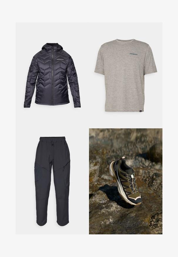 Crna izolirana jakna s uzorkom chevron, s patentnim zatvaračem sprijeda i kapuljačom. Ima elastične manžete i bočne džepove. Glatka, sjajna tekstura.; Siva majica kratkih rukava izrađena od mekane, teksturirane tkanine s malim plavim Patagonia logotipom na lijevoj strani prsiju. Bez dodatnih uzoraka.; Crne cargo hlače izrađene od laganog, vodootpornog materijala; imaju elastičnu utakmicu u struku, više munje na džepovima i sužene nogavice.; Planinarska obuća u maslinasto zelenoj i crnoj boji s ružičastim akcentima. Ima teksturirani gornji dio, fleksibilnu podlogu, ojačan vrh i šareni sustav vezanja.