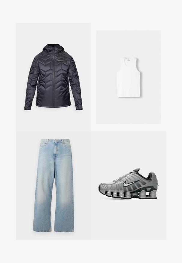 Črna izolirana jakna z vzorcem v obliki chevrona, z zadrgo na sprednji strani in kapuco. Ima elastične zapestnike in stranske žepe. Gladek, sijoč videz.; Bela bombažna majica brez rokavov z okroglo izrezom, širokimi naramnicami in ravnim robom, ki se ponaša z gladko teksturo in brez vidnih vzorcev.; Svetlo modri široki kavbojke iz denima, ki imajo visoko pas, sprednje žepke in zbledel videz s subtilnimi sledi na stegnu.; Sive in črno Nike tekaška čevelj s vidno vzmetno blaženje pod podplatom in belim logotipom swoosh na strani.
