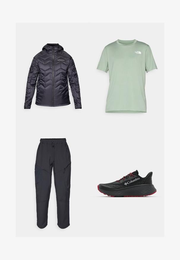 Sort isoleret jakke med et chevronmønster, lynlås foran og hætte. Har elastiske manchetter og sidelommer. Glat, blank overflade.; Lys grøn kortærmet t-shirt lavet af blødt stof; har et hvidt logo på øverste venstre side; rund crew hals.; Sorte cargo bukser lavet af et let, vandafvisende materiale; har elastisk talje, flere lynlåslommer og tætsiddende ben.; Sort atletisk sko med struktureret overdel, røde snørebånd og logo. Tykk sål med mønstret bund for godt greb. Minimalistisk design, set fra siden.