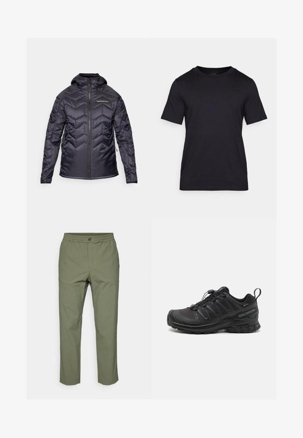 Black insulated jacket with a chevron pattern, zippered front, and a hood. Features elastic cuffs and side pockets. Smooth, shiny texture.; Black T-shirt made of smooth fabric, featuring a crew neckline and short sleeves. Subtle branding printed in black on the chest.; Olive green trousers made of lightweight fabric, featuring an elastic waistband, a button closure, and straight-leg cut with no visible patterns.; Black athletic shoe with a textured synthetic upper, cushioned sole, and a quick-lacing system. Features a reinforced toe and heel.