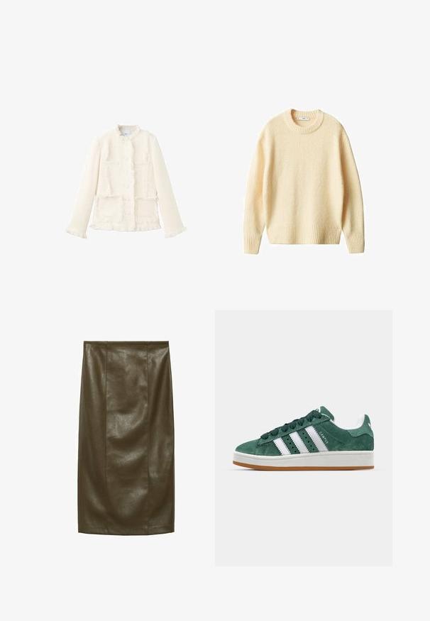 Witte textuurjacket met een ronde halslijn, rafelige randen, twee opgestikte zakken aan de voorkant en knoopsluiting. Gemaakt van geweven stof.; Crème kleurige gebreide trui met een ronde hals, geribde manchetten en zoom. Zachte textuur met een iets losse pasvorm, met een eenvoudig, strak ontwerp.; Olijfgroene faux leren kokerrok met een gladde textuur, knielang, met verticale naden voor een op maat gemaakte uitstraling.; Groene suède sneaker met witte leren strepen, rubberen zool, gepolsterde kraag en een minimalistisch ontwerp. Bevat merkbranding aan de zijkant.
