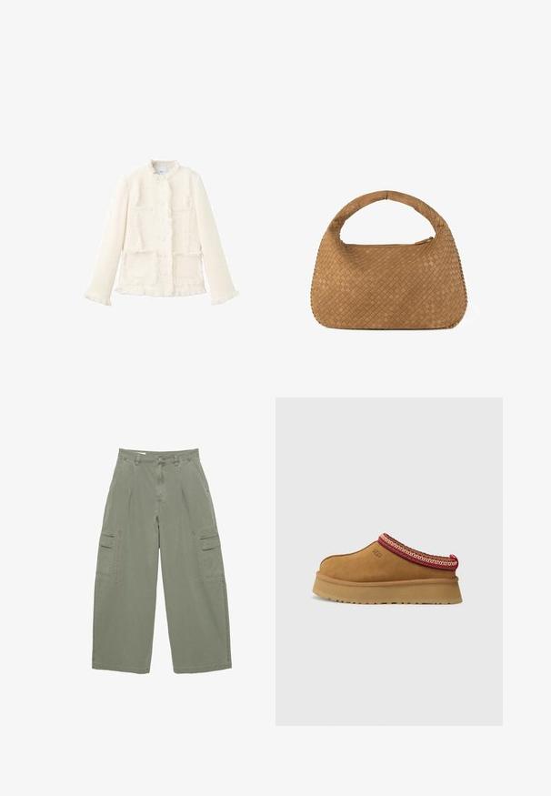 Witte textuurjacket met een ronde halslijn, rafelige randen, twee opgestikte zakken aan de voorkant en knoopsluiting. Gemaakt van geweven stof.; Witte tanktop van katoen, met een eenvoudig ontwerp, een ronde halslijn en een zwart "HUGO" logo in het midden. Gladde textuur.; Olijfgroene cargobroek met wijde pijpen, voorzien van twee zijzakken en een knoopsluiting. Gemaakt van stevige katoen.; Bruine suède instapschoen met een rood en crèmekleurig patroon aan de rand, een gestructureerde zool en het UGG-logo aan de zijkant. Heeft een lichte platformhoogte.; Geweven tan handtas met een ronde handgreep, gemaakt van zacht leer. Voorzien van een ritssluiting en een ingewikkeld vlechtpatroon.