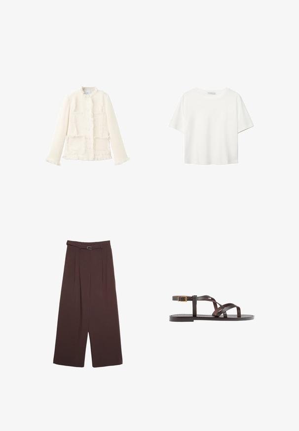 Bílá texturovaná bunda s kulatým výstřihem, třepícími se okraji, dvěma předními kapsami a zapínáním na knoflíky. Vyrobena z tkané látky.; Bílý krátký rukáv tričko vyrobené z bavlny. Má kulatý výstřih a volný střih. Hladký materiál bez viditelných vzorů nebo akcentů.; Stradivarius WIDE-LEG WITH BUCKLE DETAIL - Kalhoty - dark brown; Hnědé kožené sandály s kříženými pásky, uzavřením na přezku u kotníku a plochou podrážkou s minimem švů.