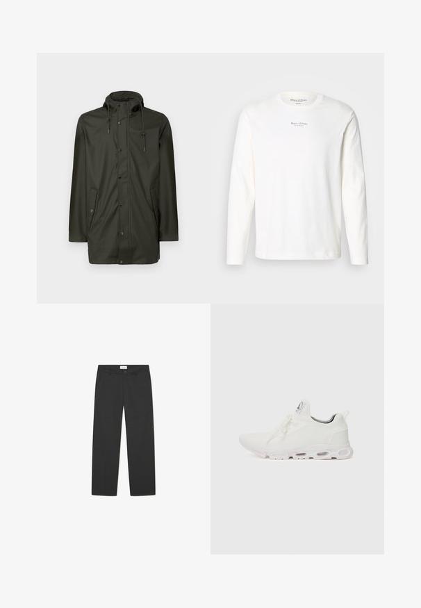 Olajzöld vízálló kabát kapucnival, elülső gombos záródással, két oldalsó zsebbel és állítható húzózsinórral. Simább, könnyű szövet textúra.; Hosszú ujjú fehér pamut póló. Jellemzője a környak és a mellkason középre helyezett kis fekete logófelirat. Puha textúra, laza dizájn.; Fekete, könnyű anyagból készült nadrág. Egyenes lábakezeléssel, sima elülső résszel, oldalsó zsebekkel és diszkrét derékrésszel rendelkezik.; Fehér sportcipők, texturált kötött felsőrésszel, lapos fűzőkkel és párnázott talppal, amely látható légkamrákkal rendelkezik a megerősített kényelem érdekében.