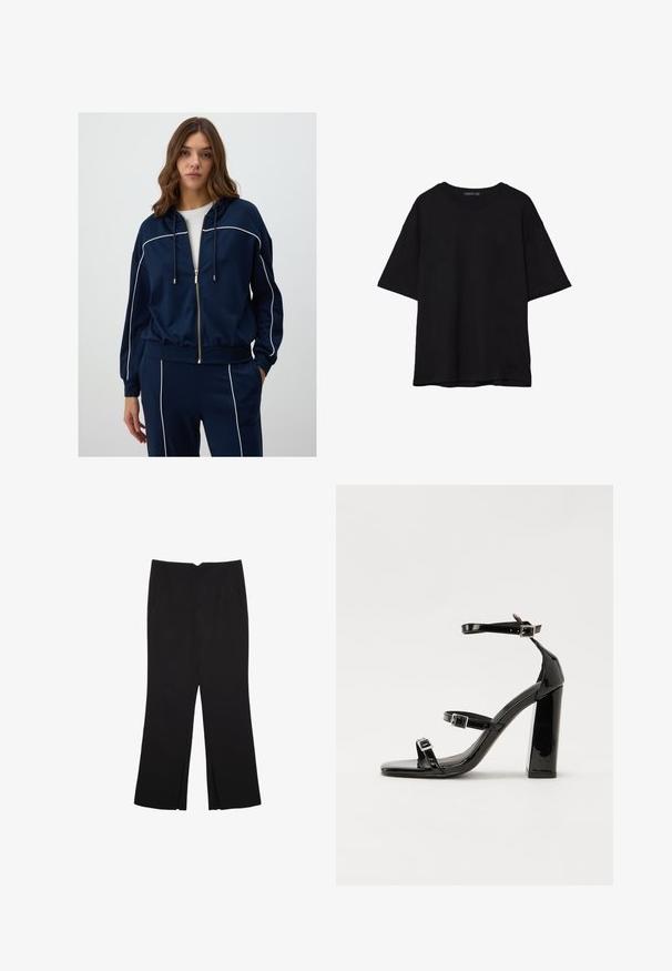 Felpa con zip di colore blu navy, realizzata in tessuto morbido, con piping bianco lungo le spalle e le maniche, dotata di cappuccio regolabile e vestibilità comoda.; T-shirt in cotone nero con vestibilità rilassata, maniche corte, scollatura arrotondata e una texture liscia. Nessuna trama o accento visibile.; Pantaloni neri a gamba dritta, con tasche frontali e spacchi laterali all'orlo. Realizzati in tessuto morbido e liscio. Adatti a diverse occasioni.; Sandali con tacco in vernice nera, con punta squadrata, cinturini alla caviglia e fibbie in argento. Presentano un tacco a blocco spesso per maggiore stabilità.