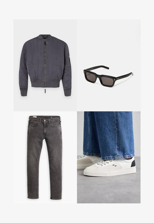 Siva bomberska jakna z zadrgo spredaj, rebrastimi manšetami in robom. Ima nagnjen stranski žep z zadrgo na rokavu. Gladka tekstura.; Dolga majica z dolgimi rokavi, izdelana iz mehkega bombaža. Okrugli izrez s ravnimi robovi in brez vidnih vzorcev ali grafik.; Sive traperice z ravnim krojem, pet žepnim dizajnom in gumbom na zapenjanju. Imajo subtilno postaran učinek in tonirano šivanje čez celo površino.; Bela in črna športna obuvala z gladkim usnjenim zgornjim delom, teksturiranimi detajli in masivnim belim podplatom. Imajo klasičen dizajn z vezalkami.; Črne pravokotne sončna očala s temnimi lečami, debelim plastičnim okvirjem, zlatimi detajli na templjih in izgravirano blagovno znamko na ročaju.