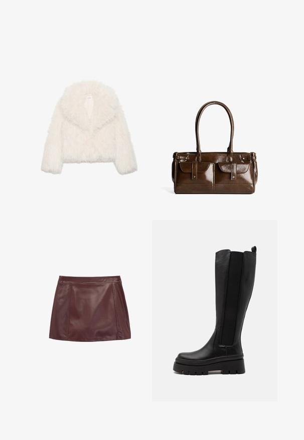 Biała kurtka z sztucznego futra, krótka, z szerokim kołnierzem, długimi rękawami i teksturowaną powierzchnią; posiada ukryte zapięcie z przodu i miękką podszewkę.; Burgundowa bluzka z długim rękawem w białe poziome paski. Posiada okrągły dekolt i rozcięcia po bokach u dołu, co zapewnia luźny krój.; Bordowa skórzana mini spódnica o gładkiej fakturze, z dopasowanym pasem w talii i bocznymi panelami dla uzyskania strukturalnego wyglądu.; Czarne kozaki do kolan wykonane z gładkiej skóry z elastycznymi bocznymi panelami, masywną platformą i żebrowaną fakturą na spodzie.; Brązowa syntetyczna torba na ramię o błyszczącej powierzchni, z dwiema kieszeniami z przodu, przeszyciami oraz podwójnymi uchwytami do noszenia.