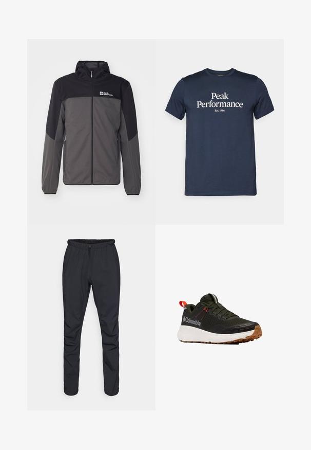 Gray and black jacket with a hood, zip closure, elastic cuffs, and side pockets. Features logo on the chest and smooth, lightweight fabric.; Navy blue cotton t-shirt with short sleeves, featuring white text "Peak Performance" and "Est. 1986" centered on the front.; Black lightweight trousers with an elastic waistband, drawstring closure, and tapered legs. Made from water-resistant material with a smooth texture.; Men's athletic shoe with a breathable black and green mesh upper, featuring red accents, white midsole, and textured brown rubber outsole.