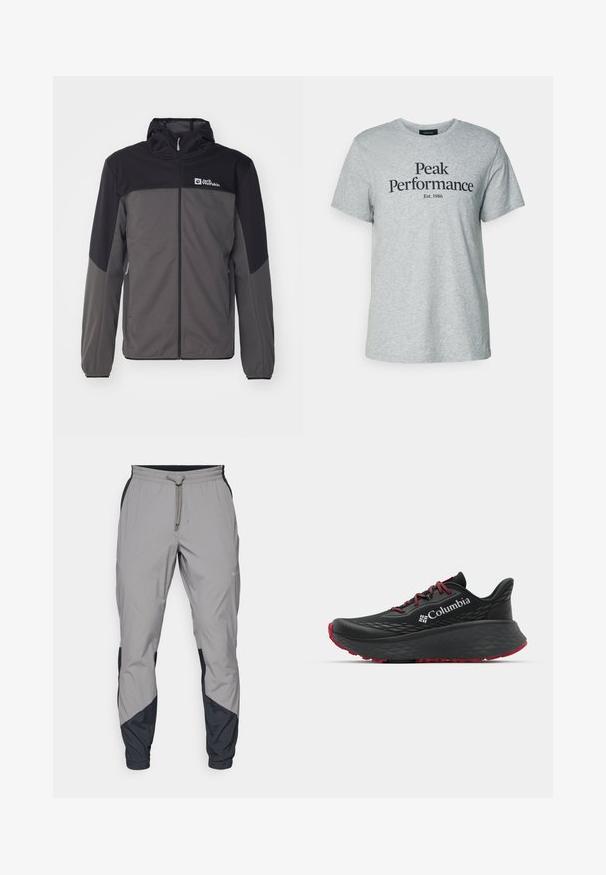 Gray and black jacket with a hood, zip closure, elastic cuffs, and side pockets. Features logo on the chest and smooth, lightweight fabric.; Gray cotton t-shirt featuring short sleeves and round neckline, with black text saying "Peak Performance Est. 1986" across the front.; Lightweight, gray athletic pants with black accents. Elastic waistband, drawstring closure, tapered leg design, and side pockets.; Black athletic shoe with textured upper, red laces, and logo. Thick sole with patterned tread for traction. Minimalist design, side view.