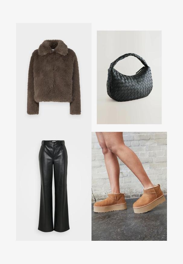 Chaqueta corta de pelo sintético marrón con un acabado suave y texturizado, que cuenta con un cuello con solapa y mangas largas, diseñada con una silueta moderna.; Noisy May NMSUTTON CHERRY - Jersey de punto - light grey melange; ONLY Tall ONLSMOOTH WIDE - Pantalones - black; Botas de tobillo de ante marrón con forro suave, suela de plataforma gruesa beige y una lengüeta trasera. Superficie texturizada con detalles de costura visibles.; Bolso de mano tejido negro con forma redondeada, superficie texturizada y un asa trenzada gruesa. Cuenta con un cierre de cremallera para un almacenamiento seguro.; Pendientes metálicos dorados con un diseño ondulado; superficie lisa y reflectante; forma asimétrica; sin patrones o elementos visibles.