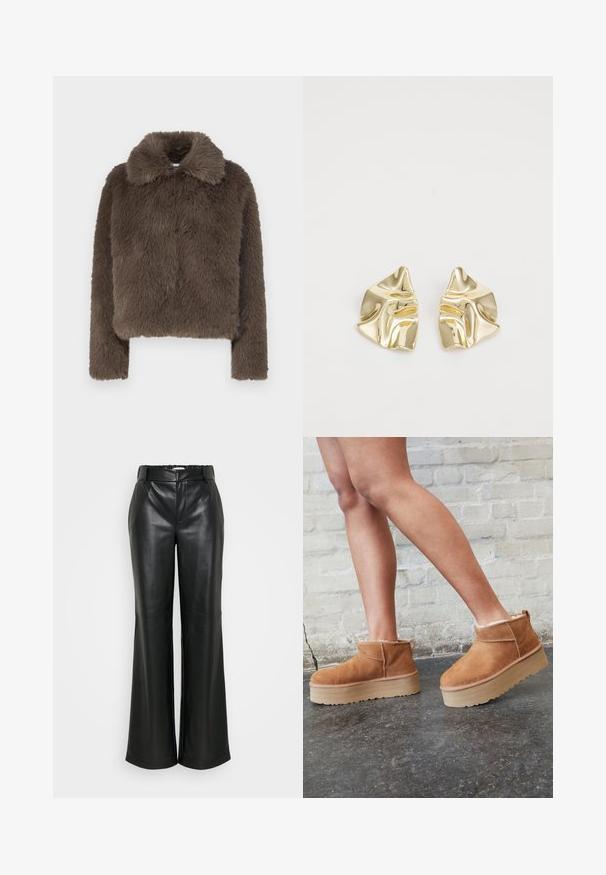 Jachetă scurtă din blană sintetică maro, cu un finisaj moale și texturat, având un guler și mâneci lungi, concepută cu o siluetă modernă.; Noisy May NMSUTTON CHERRY - Pulover - light grey melange; ONLY Tall ONLSMOOTH WIDE - Pantaloni - black; Botine din suede maro, cu căptușeală moale, talpă platformă groasă de culoare bej și sistem de prindere în partea din spate. Suprafață texturată cu detalii de cusătură vizibile.; Cercei metalici aurii cu un design ondulat; suprafață netedă și reflectorizantă; formă asimetrică; fără modele sau accesorii vizibile.