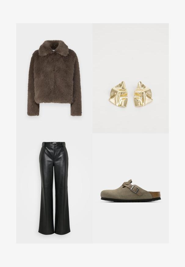 Hnědá umělá kožešinová zkrácená bunda s měkkým, texturovaným povrchem, která má límeček a dlouhé rukávy, navržená v moderním siluetu.; Noisy May NMSUTTON CHERRY - Svetr - light grey melange; ONLY Tall ONLSMOOTH WIDE - Kalhoty - black; Semišové dřeváky ve světle olivové barvě s vytvarovanou korkovou a gumovou podrážkou. Obsahují boční pásek s kovovou sponou a zaoblenou špičku.; Zlaté kovové náušnice s vlnitým designem; hladký, lesklý povrch; asymetrický tvar; žádné viditelné vzory nebo hardware.