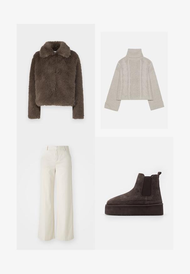 Brown faux fur cropped jacket with a soft, textured finish, featuring a collared neckline and long sleeves, designed with a modern silhouette.; Cropped, light gray knit sweater with a high collar and ribbed cuffs, featuring textured cable patterns down the back and sides.; Wide-leg trousers in a light beige color, made of a smooth fabric. Features a classic waistband and flat front with clean lines.; Brown suede Chelsea boots with elastic side panels and a thick, textured platform sole. Features a pull tab at the heel for ease of wear.