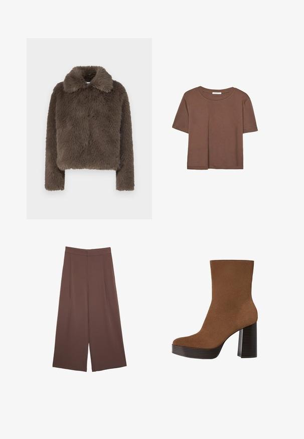 Rjava umetna krzna kratka jakna z mehkimi, strukturiranimi površinami, s kragnim izrezom in dolgimi rokavi, zasnovana z moderno silhueto.; Rjava kratka majica s kratkimi rokavi iz mehkega materiala, s krožnim izrezom in ohlapnim krojem. Brez vidnih vzorcev ali dodatkov.; Rjave široke hlače z gladko teksturo, ki imajo visok pas in sprednje naborke. Tkanina je lahka in prosto pada.; Rjavi semiš gležnjar z zaokroženim prstom, debelim črnima črtastim petam in gladko površino. Ima prilagojen dizajn brez vidne opreme.