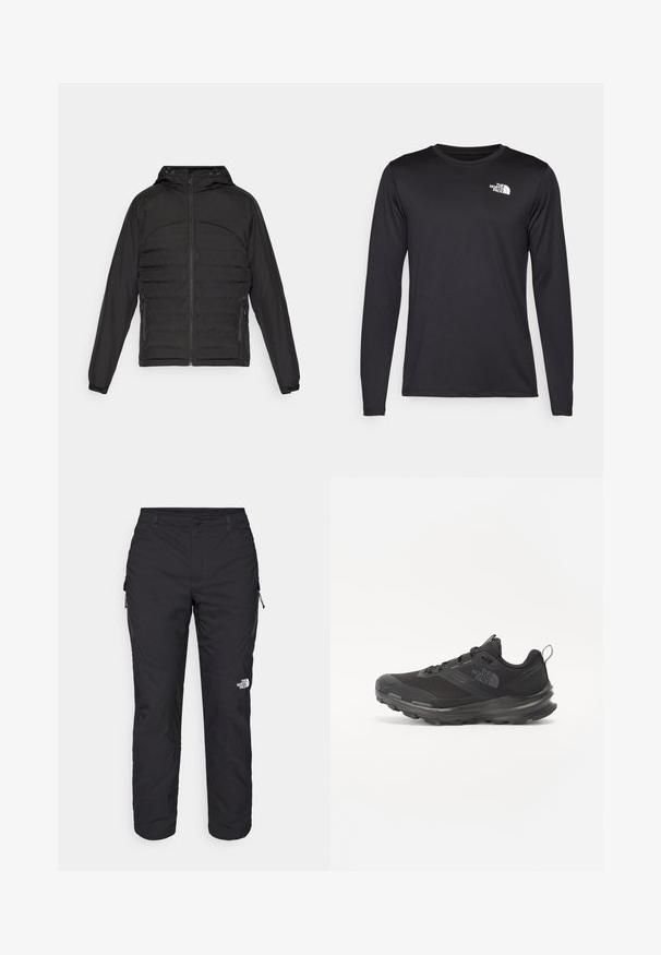Black puffer jacket with a hood, featuring a zip front, side pockets, and a textured quilted pattern on the body and sleeves.; Long-sleeved black performance t-shirt made of lightweight fabric, featuring a white logo on the upper left chest. Smooth texture.; The North Face WINTER EXPLORATION TAPERED CARGO - Outdoor trousers - black; Black athletic shoe with mesh upper, rubber outsole, and padded collar. Features laces, logo on the side, and a textured design.