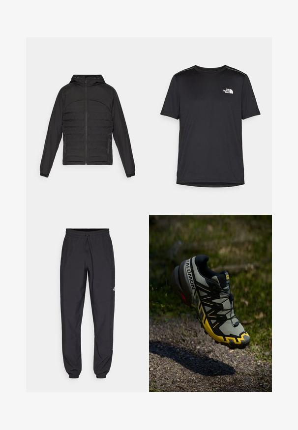 Geacă cu puf neagră, cu glugă, având fermoar în față, buzunare laterale și un model texturat de matlasare pe corp și mâneci.; Tricou negru cu mânecă scurtă, realizat dintr-un material ușor. Prezintă un mic logo alb pe pieptul stâng și accente subtile pe umeri.; Pantaloni atletici negri, confecționați dintr-un material ușor, cu un tiv elastic la talie, buzunare laterale și tivuri ajustate la gleznă.; Pantofi de alergare pe traseu Salomon, în gri discret cu accente galbene strălucitoare. Prezintă o talpă texturată, un sistem de șireturi sigur și un guler cu amortizare.