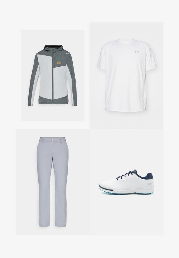 Sporta jakas pelēkā un gaiši pelēkā krāsā ar rāvējslēdzēju priekšā, kapuci un krūšu kabatu ar dzeltenu logo, izgatavotas no viegla auduma.; Baltas īsajiem piedurknēm sporta krekls, izgatavots no gludas auduma. Tam ir apaļa kakla izgriezums un pelēks logo uz kreisās krūtis, kā arī sānu šķēlumi apakšmalā.; Gai pelēki bikses ar taisnu griezumu, pogu aizdari, priekšējām kabatām un gludu, teksturētu audumu. Minimalistiska dizaina, bez rakstiem.; Baltas sporta apavos ar gludu sintētisku virsu, ziliem akcentiem, teksturētu tumši zilu papēdi un vieglu, ar kājām izstrādātu zoli, kas nodrošina saķeri.