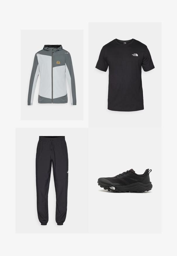 Športový sveter v sivej a svetlosivej farbe so zipsom vpredu, kapucňou a náprsnou vreckom s žltým logom, vyrobený z ľahkej textílie.; Čierne tričko s krátkym rukávom vyrobené z bavlny, s okrúhlym výstrihom a malým bielym logom na hornej ľavej strane hrude.; Čierne športové nohavice vyrobené z ľahkej tkaniny, s elastickým pásom na šnurovanie, bočnými vreckami a zúženými manžetami na členkoch.; Čierne trailové behacie topánky s štruktúrovaným zvrškom, gumovou podrážkou a vystuženou špičkou. Obsahuje polstrovaný golier a úchyt na jednoduché obúvanie.