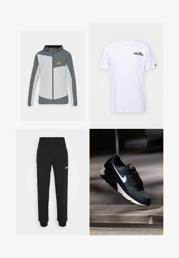 Sportjakke i grå og lys grå med lynlås foran, hætte og en brystlomme med et gult logo, lavet af letvægtsstof.; Hvid bomulds t-shirt med korte ærmer, prydet med et marineblåt broderet logo på venstre bryst og en farverig accent over logoet.; Sorte sweatpants lavet af blødt stof har en tapered ben-design, elastisk talje, sidelommer med lynlås og et lille logo accenter.; Sort og grøn sneaker med et mønstret mesh-overdel, hvid swoosh-logo, polstret krave og en synlig luftdæmpningsenhed i sålen.