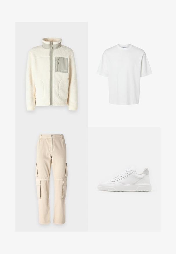 Fleece-takk i kremfarge med høy krage, frontglidelås, to påsydde lommer og en liten grå brystlomme med logodetalj.; Valkoinen puuvillapaita lyhyillä hihoilla, pyöreällä kaula-aukolta ja rentoa istuvuutta. Sujuva pinta ilman näkyviä kuvioita tai korostuksia.; Beige cargo-housut, jotka on valmistettu puuvillasta. Ominaisuuksiin kuuluu sivutaskut, suora lahkeiden muotoilu ja nappikiinnitys vyötäröllä. Yksinkertaiset ompeluyksityiskohdat.; Valkoiset nahkakengät, joissa on sileä pinta, pyöreä kärki, litteät nauhat ja teksturoitu pohja. Harmaa mokkanahka korostaa kantapäätä.
