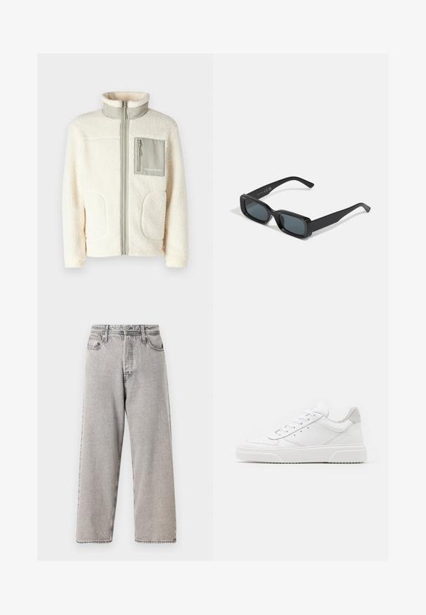 Fleece jacket in cream with a high collar, front zipper, two patch pockets, and a small gray chest pocket with logo detail.; White cotton t-shirt featuring short sleeves, crew neck, and a red graphic text "DELICIOUS REFRESHING FRUIT" on the front.; Wide-leg gray denim jeans with a faded wash, five pockets, belt loops, and contrasting stitching. Smooth texture and straight cut.; White leather sneakers with a smooth finish, rounded toe, flat laces, and a textured sole. Grey suede accent at the heel.; Black rectangular sunglasses with dark lenses. Glossy frame, straight arms with a slight curve. Minimalistic design, no embellishments.