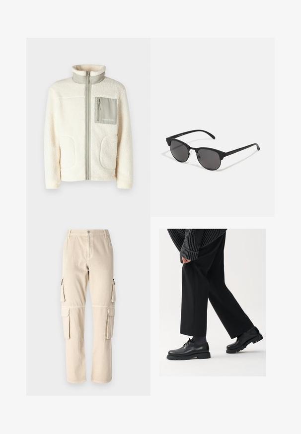 Veste en polaire couleur crème avec un col haut, fermeture éclair à l'avant, deux poches à empiècement et une petite poche poitrine grise avec un détail de logo.; T-shirt en coton blanc avec des manches courtes, col rond et un texte graphique rouge "FRUIT RAFRAÎCHISSANT DÉLICIEUX" à l'avant.; Pantalon cargo beige en coton. Doté de poches latérales, d'une coupe droite et d'une fermeture à bouton à la taille. Détails de couture simples.; Chaussures en cuir noir à bout arrondi, à lacets, avec une semelle épaisse et texturée. Portées avec un pantalon noir ajusté et un pull à côtes.; Lunettes de soleil noires avec des verres ronds, finition mate et une forme distinctive en œil de chat. Monture fine avec un logo discret sur la branche gauche.