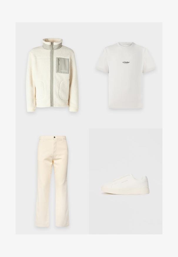 Krémová fleecová bunda s vysokým golierom, predným zipsom, dvoma našitými vreckami a malým sivým vreckom na hrudi s detailom loga.; Biela bavlnená tričko s krátkymi rukávmi, s čiernym logom "JJ Studios" na hrudníku. S okrúhlym výstrihom a štandardným strihom.; Krémové bavlnené džínsy s rovnými nohavicami, s predným zapínaním na gombík a štandardným pätkám s piatimi vreckami.; Biele slip-on tenisky s textúrovaným povrchom, hrubou podrážkou a minimalistickým dizajnom. Obsahuje logo značky na boku.