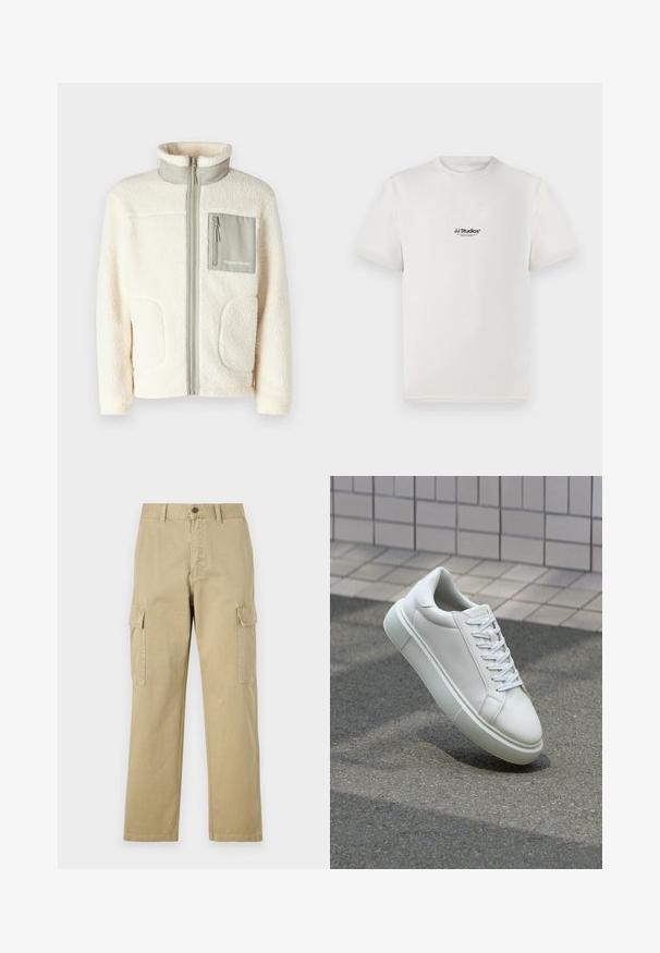 Kurtka polarowa w kremowym kolorze z wysokim kołnierzem, zamkiem błyskawicznym z przodu, dwoma naszytymi kieszeniami i małą szarością kieszenią na piersi z detalem logo.; Biała bawełniana koszulka z krótkimi rękawami, z czarnym logo "JJ Studios" na klatce piersiowej. Okrągły dekolt i standardowy krój.; Beżowe spodnie cargo wykonane z bawełny, z dwoma bocznymi kieszeniami, z zapięciem na guzik oraz prostymi nogawkami z lekko teksturowanej tkaniny.; Białe skórzane trampki z gładką powierzchnią, okrągłym noskiem i płaskimi białymi sznurowadłami. Posiadają teksturowaną gumową podeszwę oraz minimalistyczne elementy projektowe.