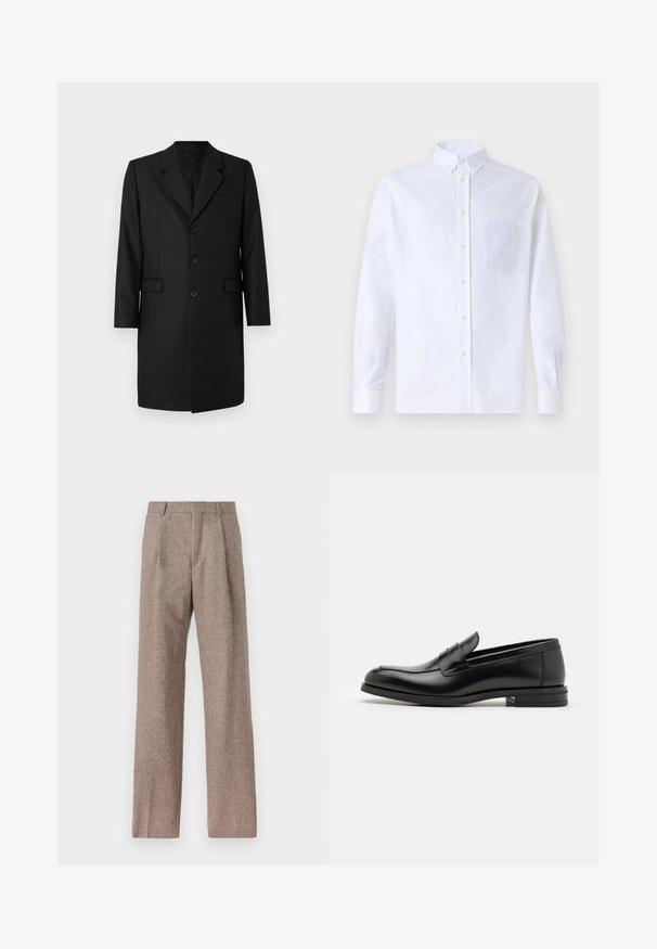 Melnas piegrieztas mētelis ar iegrieztu apkakli, divām priekšējām kabatām, vienkāršas pogas dizainu un trim pogām. Gluda auduma virsma ar augstas kvalitātes apdari.; Balts garo piedurknēm krekliņš ar pogām, izgatavots no kokvilnas, ar krūšu kabatu ar tonālu izšuvumu, apkakli un pogām pie piedurknēm.; Brūni, augstos šortos izgatavoti no teksturēta auduma. Iezīmē plašas kājas un divas priekšējās krokas, kas nodrošina struktūru. Kārtīga apdare bez redzamām detaļām.; Melnas ādas kurpes ar gludu tekstūru, noapaļu purngalu un dekoratīvu siksniņu pāri priekšpusei. Zems sakrauts papēdis, minimālisma dizains.