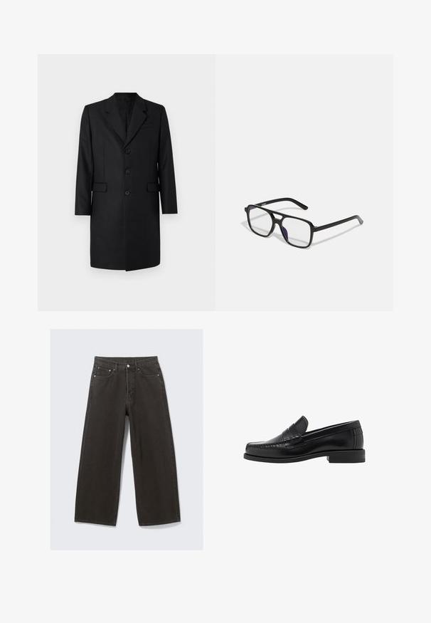 Cappotto nero su misura con revers a punta, due tasche frontali, design monopetto e tre bottoni. Tessuto liscio con una finitura di alta qualità.; Camicia bianca con bottoni, maniche lunghe, realizzata in cotone morbido, con colletto classico e un leggero lucido. Cinque bottoni sul davanti.; Jeans in denim nero a gamba larga presentano una vita alta, design a cinque tasche e chiusura con bottone. Il tessuto ha una finitura soffice e testurizzata.; Mocassini in pelle nera con una finitura liscia, dettagli cuciti sulla punta e un design a tacco basso per comfort e stile.; Occhiali nere rettangolari con lenti trasparenti e una leggera sfumatura viola, dotati di steli eleganti e di un design minimalista.; Cravatta nera stretta con un motivo a coste diagonali testurizzate. Presenta una punta appuntita e una finitura liscia. Adatta per abbigliamento formale.