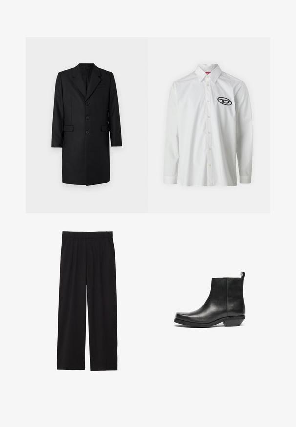 Cappotto nero su misura con revers a punta, due tasche frontali, design monopetto e tre bottoni. Tessuto liscio con una finitura di alta qualità.; Camicia bianca a maniche lunghe in cotone, con colletto a bottoni e un logo ricamato nero sulla parte sinistra del petto.; Pantaloni neri a gamba larga con frontale plissettato, tasche laterali e una texture di tessuto liscia. Progettati per un fit comodo.; Stivali ankle in pelle nera con punta affusolata e tacco basso a blocco. Design elegante con una texture liscia e linguetta per un facile indossamento.