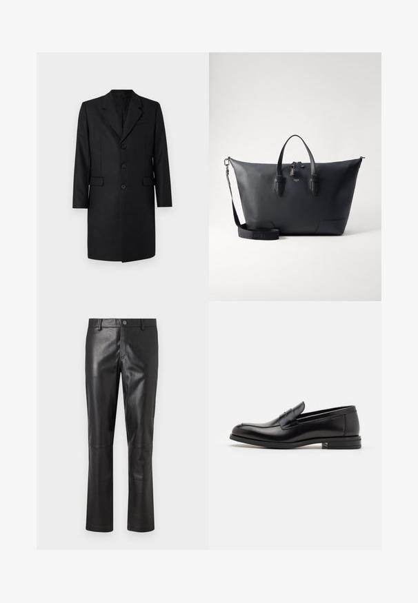 Fekete szabott kabát, kihajtott gallérral, két elülső zsebből, egysoros fazonnal és három gombbal. Simító anyag prémium kivitelben.; Fehér, hosszú ujjú, hőszigetelő felső, bordázott textúrával, kerek nyakkal és szegős mandzsettákkal. Tiszta, mintás és további díszítés nélküli dizájn.; Fekete bőrnadrág sima textúrával, egyenes lábformával és diszkrét varrással a varratok mentén. A deréknál gombos záródással rendelkezik.; Fekete bőr loaferek sima textúrával, kerek orral és dekoratív pánttal a vampnál. Alacsony, rétegelt sarkú, minimalista dizájn.; Lancel CHARLIE UNISEX - Aktatáska - black