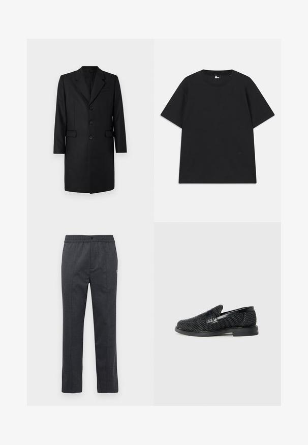 Fekete szabott kabát, kihajtott gallérral, két elülső zsebből, egysoros fazonnal és három gombbal. Simító anyag prémium kivitelben.; Fekete, rövid ujjú pamut póló, kerek nyakkivágással és egy kis logórészlettel az alján. Sima textúra, normál szabás.; Sötétszürke egyenes lábú nadrág, rugalmas derékkal, elöl gombos záródással és diszkrét hímzett részlettel a jobb oldalon.; Fekete szőtt slip-on cipő sima bőr díszítéssel a felsőrészen, kerek orral és alacsony profilos gumitalppal.