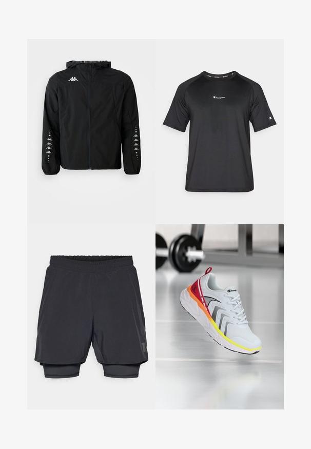 Fekete, könnyű nylon dzseki, zipzárral az elülső részen, kapucnival és rugalmas mandzsettákkal. A dzsekin logó található a mellrészen, valamint mintás díszítések a ujjakon.; Champion LIGHT STRETCH - Sportfelső - black; Fekete sportnadrág elasztikus derékkal, réteges kialakítással és illeszkedő bélésrésszel. A alsó oldalon diszkrét logó található.; Fehér sportcipő hálós felsőrészsel, piros, narancssárga és sárga színekben gazdag részletekkel, texturált talppal és fekete díszítéssel.