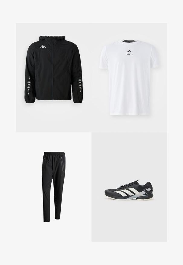 Sort letvægtsjakke lavet af nylon med lynlås foran, hætte og elastiske manchetter. Har et logo på brystet og mønstrede detaljer på ærmerne.; Hvid atletisk t-shirt lavet af letvægtsstof. Har rund halsudskæring, korte ærmer og sort "LES MILLS" logo på forsiden.; Sorte atletiske bukser med elastisk talje, to lynlåslommer på siden, tætsiddende ben og en diskret logo-detalje på hoften.; Sort sportsko med hvide striber, mesh-overdel, rund tå og dæmpet sål. Har en tekstureret hæl og et sikkert snøresystem.