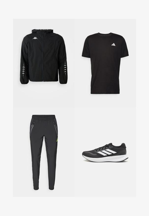 Black lightweight jacket made of nylon with a zip front, hood, and elastic cuffs. Features a logo on the chest and patterned accents on the sleeves.; Black cotton t-shirt with short sleeves, crew neckline, and a white logo on the left chest. Smooth texture and simple design.; adidas Performance REAL MADRID TIRO25 PRO VIS TECH TRAVEL PANT - Club wear - black/lucid lemon; Black athletic shoe with breathable mesh upper, white accents, and a cushioned sole. Features three stripes logo on the side.