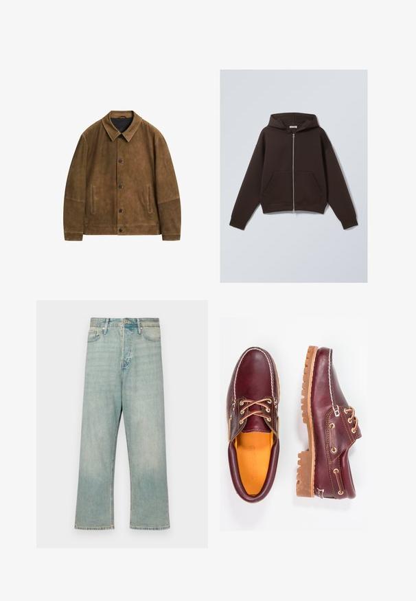 Braune Wildlederjacke mit Kragen, frontaler Knopfleiste und zwei seitlichen Taschen. Sie zeichnet sich durch eine glatte Textur und ein minimalistisches Design aus.; Braune Zip-Hoodie aus weichem Baumwollmischgewebe, mit geräumiger Kapuze, vorderen Taschen und gerippten Bündchen und Saum.; Braunes Baumwoll-T-Shirt mit Rundhalsausschnitt und kurzen Ärmeln. Einfaches Design mit gleichmäßiger Textur und lockerer Passform. Keine Muster oder Akzente.; Helle blaue Denim-Jeans mit lockerer Passform, geraden Beinen und verblasstem Finish; mit klassischem Knopf- und Reißverschluss.; Bordeauxfarbene Lederschuhe mit braunen Gummisohlen, runder Zehenform, weißen Nähten und goldenen Ösen. Das Innenfutter weist eine gelbe Beschichtung auf.