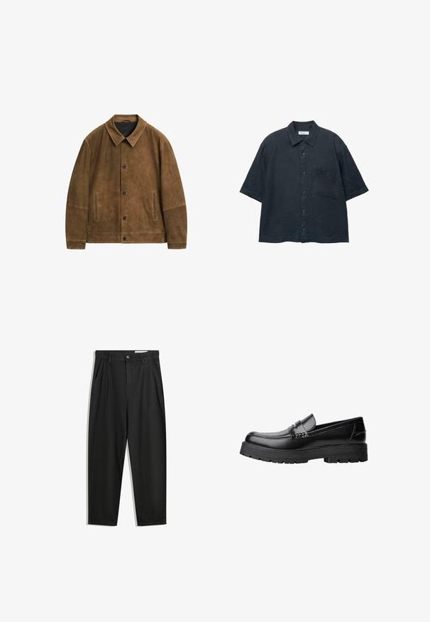 Braune Wildlederjacke mit Kragen, frontaler Knopfleiste und zwei seitlichen Taschen. Sie zeichnet sich durch eine glatte Textur und ein minimalistisches Design aus.; Dunkelblauses Kurzarm-Hemd mit Knopfleiste, aus leichtem Stoff gefertigt, mit einer Brusttasche und einem klassischen Kragen-Design.; Schwarze Baumwollhose mit lockerem Schnitt, ausgestattet mit einem klassischen Bund, vorderen Falten und Seiten taschen. Glatte Textur ohne Muster.; Schwarzer Lederloafer mit grobem, rutschfestem Sohlenprofil und dekorativem Riemen über der Oberseite, seitlich links auf weißem Hintergrund abgebildet.