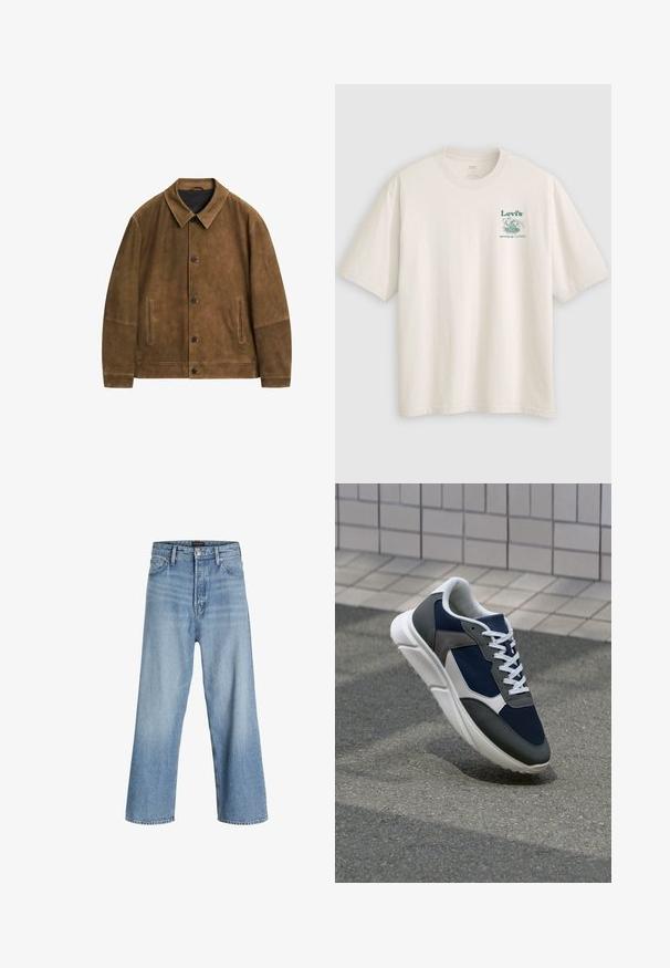 Braune Wildlederjacke mit Kragen, frontaler Knopfleiste und zwei seitlichen Taschen. Sie zeichnet sich durch eine glatte Textur und ein minimalistisches Design aus.; Weißes Baumwoll-T-Shirt mit kurzen Ärmeln und einem grünen Lev's-Logo sowie Text auf der linken Brust. Lockerer Schnitt, glatte Textur.; Helle blaue weit geschnittene Jeans aus Denim, mit hoher Taille, klassischem Fünf-Taschen-Design und Knopfverschluss mit Reißverschluss.; Sneaker mit einem Obermaterial aus navyblauem Mesh, grauen Wildlederelementen, einer weißen Gummisohle und flachen weißen Schnürsenkeln, entworfen für Komfort und Atmungsaktivität.