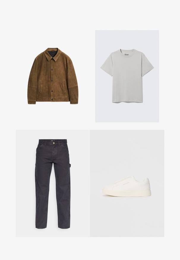 Hnědá semišová bunda s límcem, předním zapínáním na knoflíky a dvěma bočními kapsami. Má hladkou texturu a minimalistický design.; Světle šedé bavlněné tričko s kulatým výstřihem a krátkými rukávy, které má minimalistický design a volný střih. Bez vzorů nebo akcentů.; Tmavě šedé cargo kalhoty vyrobené z odolné látky, s rovnými nohavicemi, pěti kapsami a knoflíkovým zapínáním v pase.; Bílé slip-on tenisky s texturovaným povrchem, silnou podešví a minimalistickým designem. Na boku je umístěno logo značky.