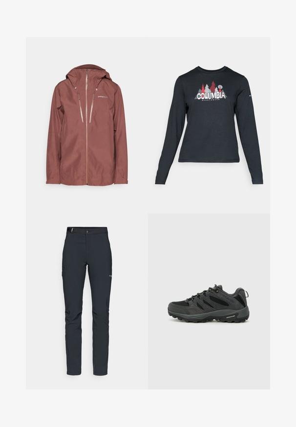 Patagonia TRIOLET JACKET - Chaqueta Hard shell - dulse mauve; Camisa de manga larga gris oscuro con un gráfico de árboles rojos y montañas; logo "COLUMBIA" en texto blanco en negrita. Tela suave, cuello redondo estándar.; Pantalones de exterior para hombre, gris oscuro, fabricados con material flexible, con cinturón, bolsillos con cremallera y costuras reforzadas.; Columbia REDMOND - Zapatillas de senderismo - black/citron haze