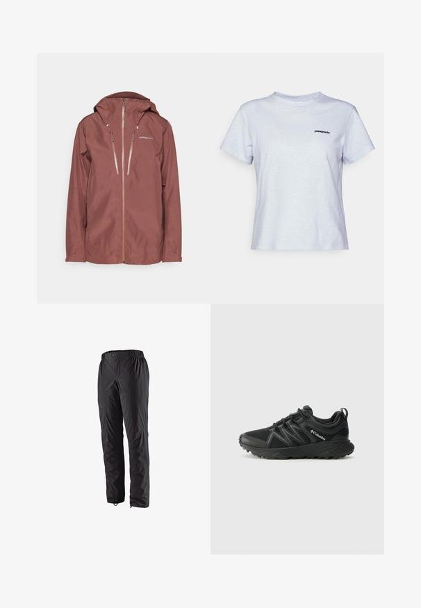 Patagonia TRIOLET JACKET - Hardshelljacka - dulse mauve; Ljusblå t-shirt i bomull med kort ärm, rundad halsringning och en liten svart logotyp med texten "patagonia" på vänster bröst.; Svarta vattentäta byxor med elastisk midja, sidförvaringsfickor, smalnande ben och slät textur. Lämpliga för utomhusaktiviteter.; Columbia PEAKFREAK - Hikingskor - black