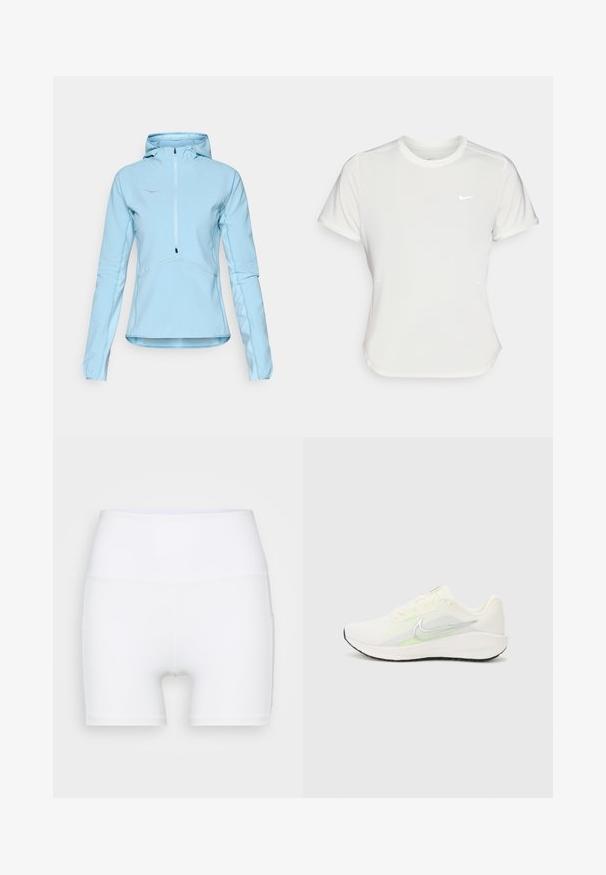 Casaco de pullover azul claro com capuz, fecho à frente, mangas longas, tecido texturizado e costura contrastante. Inclui um pequeno logotipo no peito.; T-shirt da Nike em branco, mangas curtas, decote redondo, feito de um tecido liso e leve. Apresenta um logo discreto no peito.; Calções brancos de cintura alta feitos de tecido elástico. Apresentam uma textura suave e um design justo, sem padrões ou acessórios adicionais.; Nike Performance DOWNSHIFTER 13 - Sapatos para corrida em estrada - sail/silver-coloured photon dust/summit white/barely volt/black