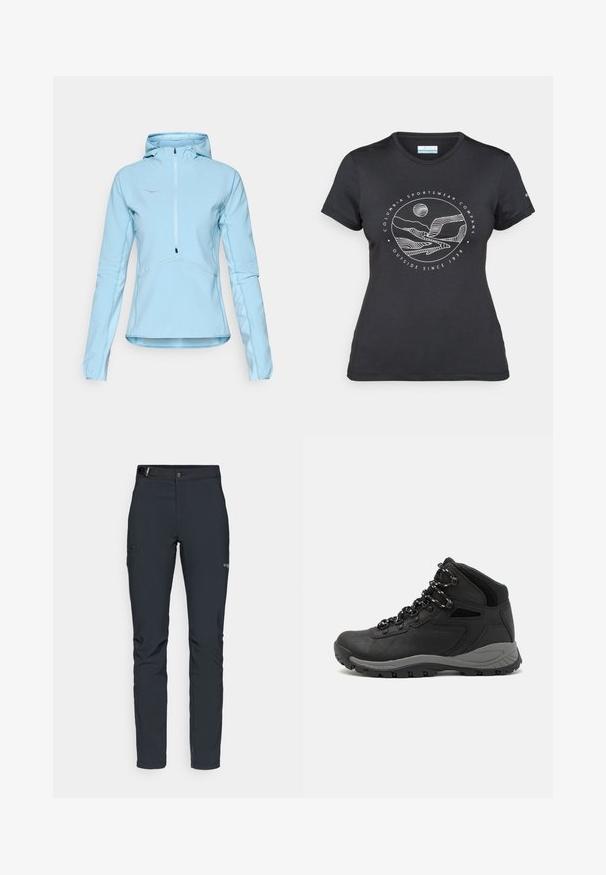 Svijetloplava pulover jakna s kapuljačom, prednji zip, dugi rukavi, teksturirana tkanina i kontrastni šavovi. Ima mali logo na prsima.; Crna Columbia majica s bijelim kružnim crtežom planine i rijeke te natpisom "Columbia Sportswear Company Outside Since 1938."; Muške outdoor hlače, tamno sive boje, izrađene od fleksibilnog materijala, s remenom, džepovima na patentni zatvarač i ojačanim šavovima.; Crne planinarske čizme s dizajnom srednjeg vrha, sa teksturiranim gornjim dijelom, sivim akcentima i izdržljivom gumom potplatom s uzorkom za prianjanje.