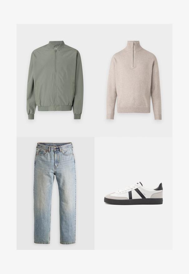 Šviesiai žalia bombonešio striukė, pagaminta iš lygaus, lengvo audinio. Savybė - priekinis užtrauktukas, gaučių apykaklė, rankogaliai ir apačia, taip pat šoninės kišenės.; Smėlio spalvos ketvirčio užtrauktuko megztinis iš minkštos mezginio medžiagos. Su išplėstiniu apykakle ir rankogaliais, laisvu pjūviu ir besiūle konstrukcija.; Šviesiai mėlynos džinsinės kelnės su aukštu liemeniu, priekyje mygtukas, užtrauktukas ir penkių kišenių dizainas, išklotos ant neutralios fono.; Balti sportbačiai su juodais ir pilkais akcentais, pasižymintys tekstūruotu pilku pirštų dangteliu, juoda gumine padais ir plokščiomis baltomis raišteliais. Švarus dizainas, minimalistinis stilius.
