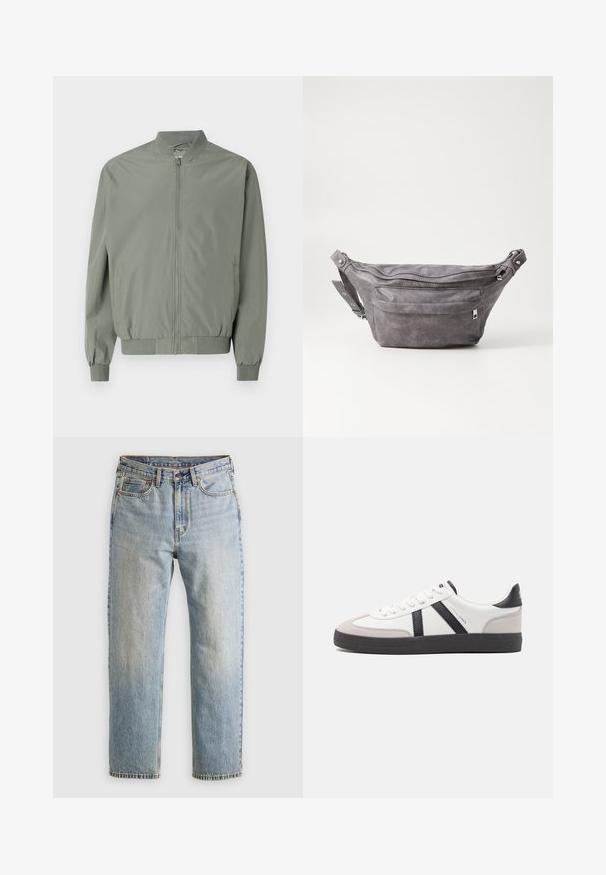 Giacca bomber verde chiaro realizzata in tessuto liscio e leggero. Dotata di zip frontale, colletto a coste, polsini e orlo, con tasche laterali.; Pullover sweater beige con zip a un quarto in morbido tessuto a maglia. Presenta colletto e polsini a coste, con una vestibilità rilassata e un design senza cuciture.; Jeans in denim azzurro chiaro con vita alta, bottone anteriore, cerniera e design a cinque tasche, adagiati su uno sfondo neutro.; Sneaker bianco con accenti neri e grigi, dotata di una punta grigia testurizzata, suola in gomma nera e lacci bianchi piatti. Design pulito, stile minimalista.; Fanny pack in suede grigio con forma arrotondata, due scomparti con cerniera e tracolla regolabile. Presenta dettagli in metallo.